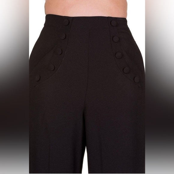 Banned Apparel 1960 Black High Waist Crepe Full Moon Sailor Wide Leg Pants Small - Picture 2 of 12